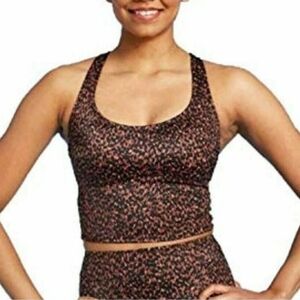Womens Racerback Longline Cropped Bikini Top, Leopard Print Brown - Large New!